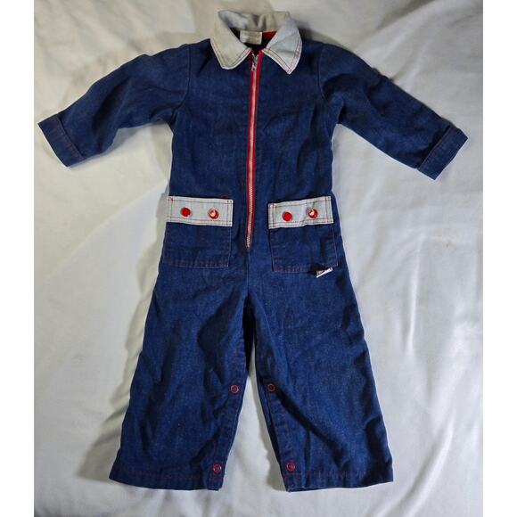 Vintage Double D Ranchwear Denim Jumpsuit Size 3T Dark Blue Jean Red Collared - Picture 1 of 14
